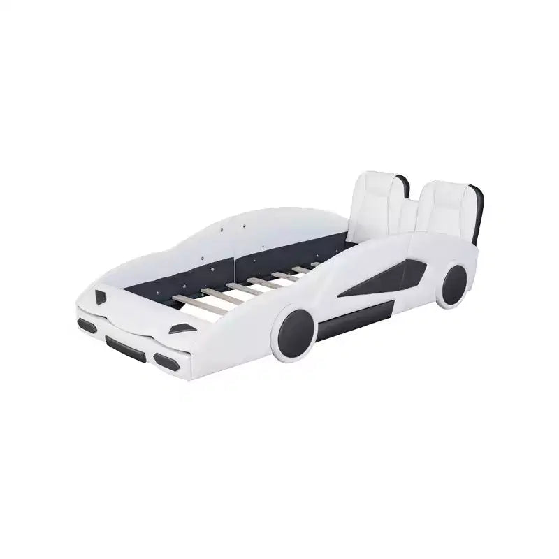 Letto a piattaforma a forma di auto da corsa Whisen Wood, formato singolo, con LED e schienale imbottito