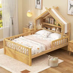 Letto a Capanna ModernLuxe per Bambini, Misura Singola/Piazza e Mezza, in Legno con Testiera Contenitore, Struttura in Pino Massiccio con Sponde di Protezione