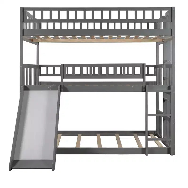 Letto a Castello Triplo Full Over Full con Scaletta Convertibile e Scivolo, Letto Triplo con Sponde di Protezione, Bianco/Grigio/Espresso - ModernLuxe