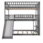 Letto a Castello Triplo Full Over Full con Scaletta Convertibile e Scivolo, Letto Triplo con Sponde di Protezione, Bianco/Grigio/Espresso - ModernLuxe