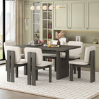 Set da Pranzo da 7 Pezzi, Set Tavolo da Cucina in Legno Massello con Tavolo Rettangolare, Base a Cavalletto e 6 Sedie Imbottite