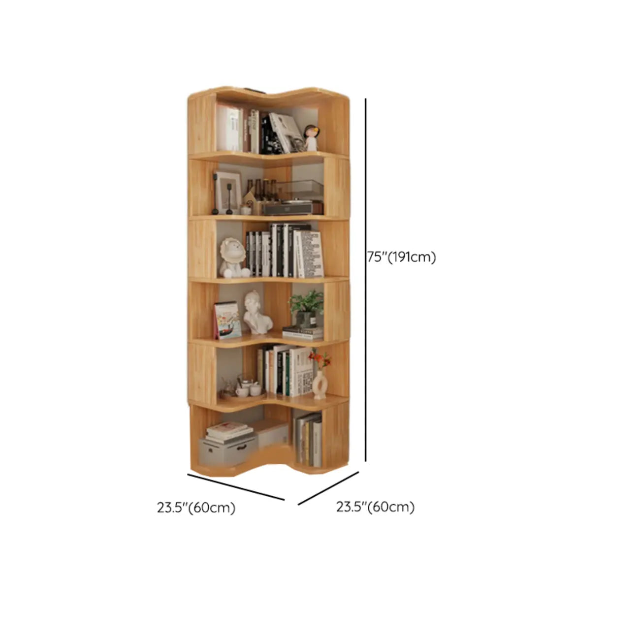 Libreria verticale angolare in legno con schienale aperto e finitura naturale
