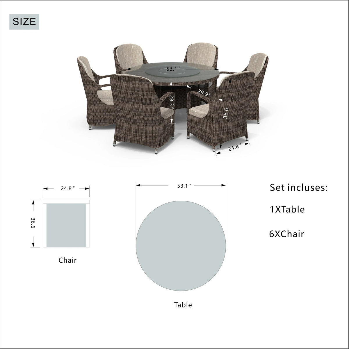 Set da pranzo rotondo da esterno in 7 pezzi in vimini di rattan con cuscini di Moda Furnishings