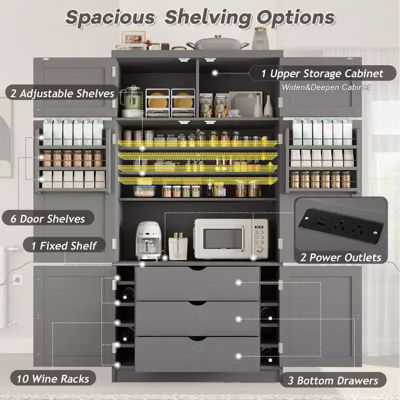 Dispensa Alta da Cucina con Prese di Corrente, Grande Credenza Autoportante con Supporto per Microonde, Cassetti, Scaffali, Portabottiglie e Ante con Ripiani