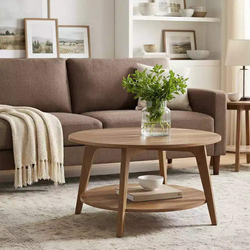 Tavolino rotondo color miele con 2 ripiani, misure 80 x 45 cm, ideale per il soggiorno