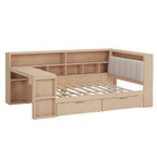 Divano Letto a "L" in Legno con Scrivania, Mobile Libreria, Letto Angolare con Cassetti Sottostanti, Testiera Imbottita con Luce Integrata