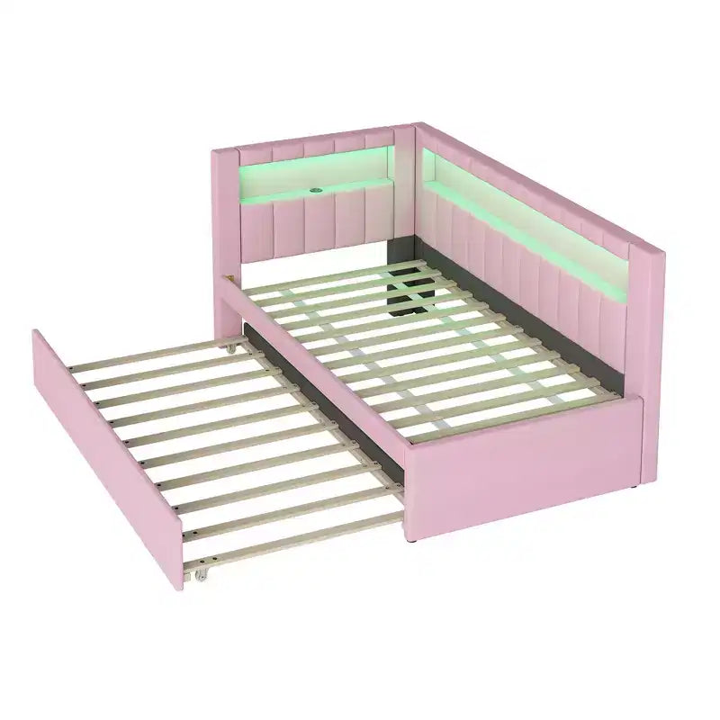 Letto da Giorno Twin/Full con Letto Estraibile e Testiera a Libreria a L, Letto Angolare Imbottito in Lino con Ripiani Portaoggetti e Cinghia a LED
