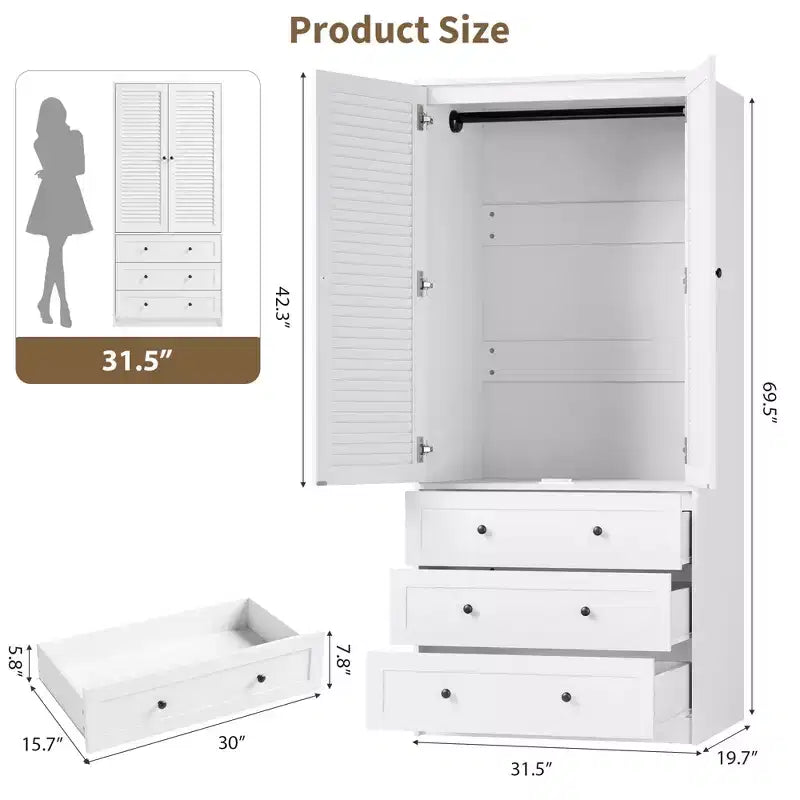 COZONY Armadio Guardaroba con 3 Cassetti e 2 Ante, Armadio Moderno in Legno per Camera da Letto, Armadio Alto Bianco Resistente