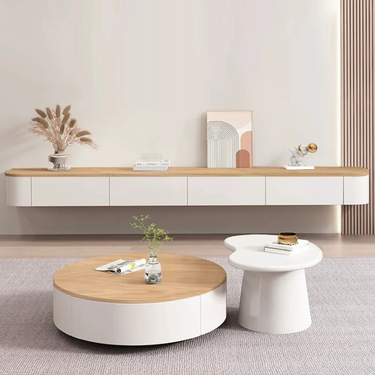 Mobile TV galleggiante contemporaneo in legno bianco con cassetti