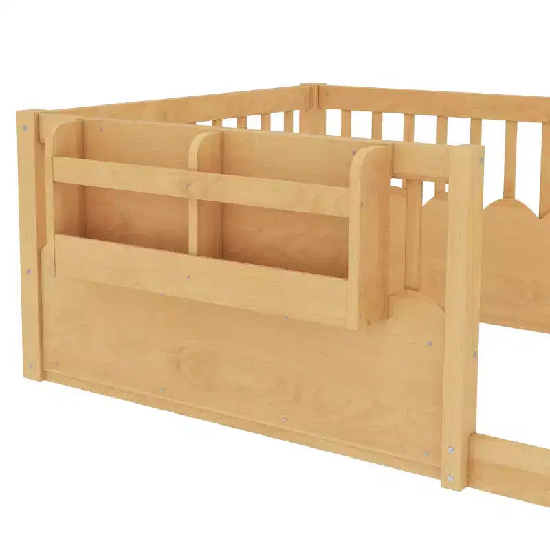 Letto a terra per bambini Bellemave con recinzione rialzata e libreria, struttura letto matrimoniale in legno Montessori per bambine e bambini