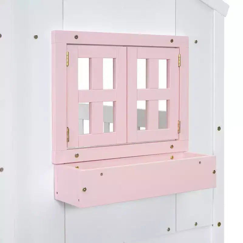 Letto a soppalco a forma di casetta con scaletta e spondine per bambini, in legno, misura singola
