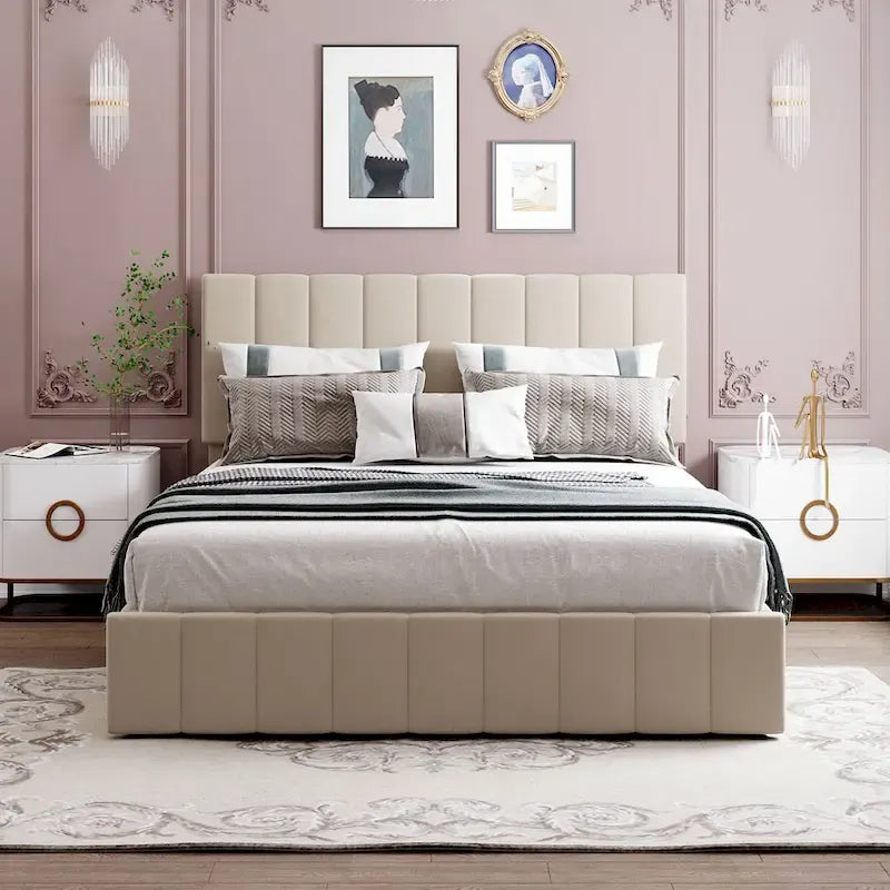 Letto imbottito Queen size con sistema di sollevamento idraulico e vano contenitore - Beige