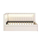 Letto da Giorno Twin/Full con Letto Estraibile e Testiera a Libreria a L, Letto Angolare Imbottito in Lino con Ripiani Portaoggetti e Cinghia a LED