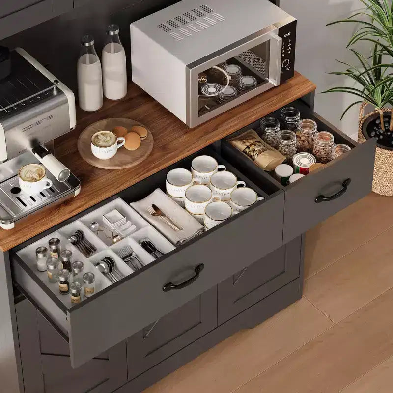 Mobile dispensa da cucina da 71" con stazione di ricarica, ampio piano di lavoro, supporto per microonde e 2 cassetti, mobile contenitore per sala da pranzo e soggiorno