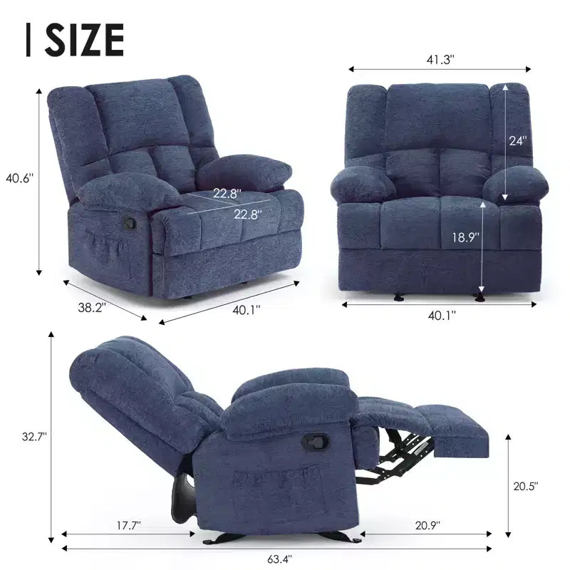 Poltrona reclinabile a dondolo oversize blu con rivestimento in ciniglia