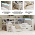 Divano Letto a "L" in Legno con Scrivania, Mobile Libreria, Letto Angolare con Cassetti Sottostanti, Testiera Imbottita con Luce Integrata