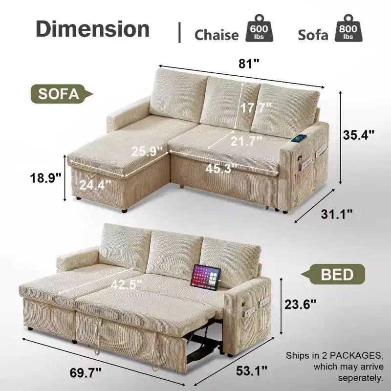 Divano Letto Estraibile 2 in 1 Dyonery con Chaise Longue Contenitore e USB, Divano Angolare in Velluto a Coste per Soggiorno
