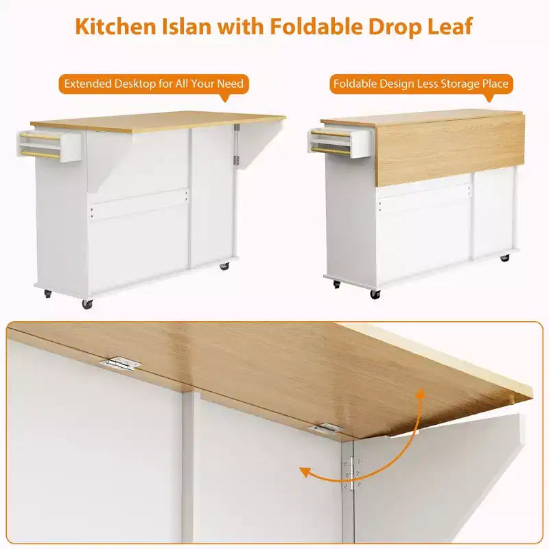 Tavolo da cucina mobile con isola da 55" con presa di corrente e anta a ribalta, carrello da cucina con isola su ruote e armadietto per pattumiera per la cucina