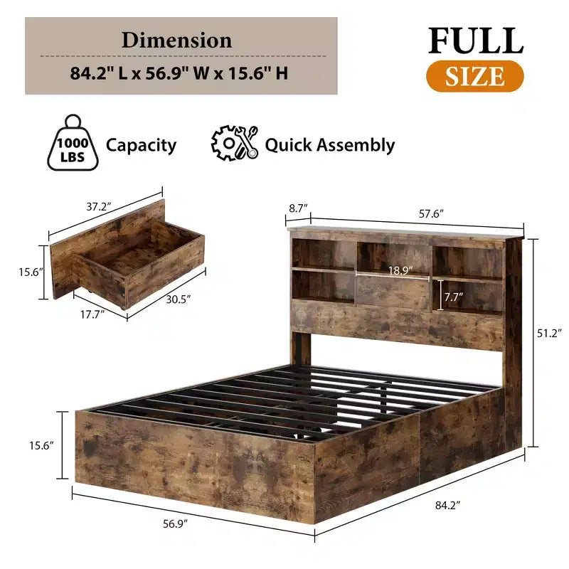 Struttura Letto Matrimoniale con Testiera Contenitore, Struttura Letto in Legno con 4 Cassetti, Libreria Contenitore e Letto a Piattaforma King Size con Robusto Supporto in Metallo