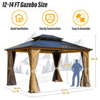 EROMMY Gazebo a tetto rigido, Pergola da esterno con doppio tetto, zanzariere e tende, Tenda da sole resistente per patio, cortile, feste in piscina