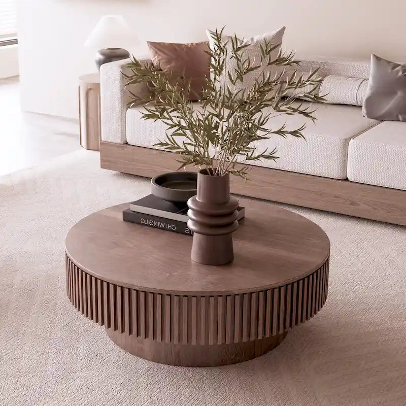 Tavolino rotondo moderno in legno massello impiallacciato con contenitore