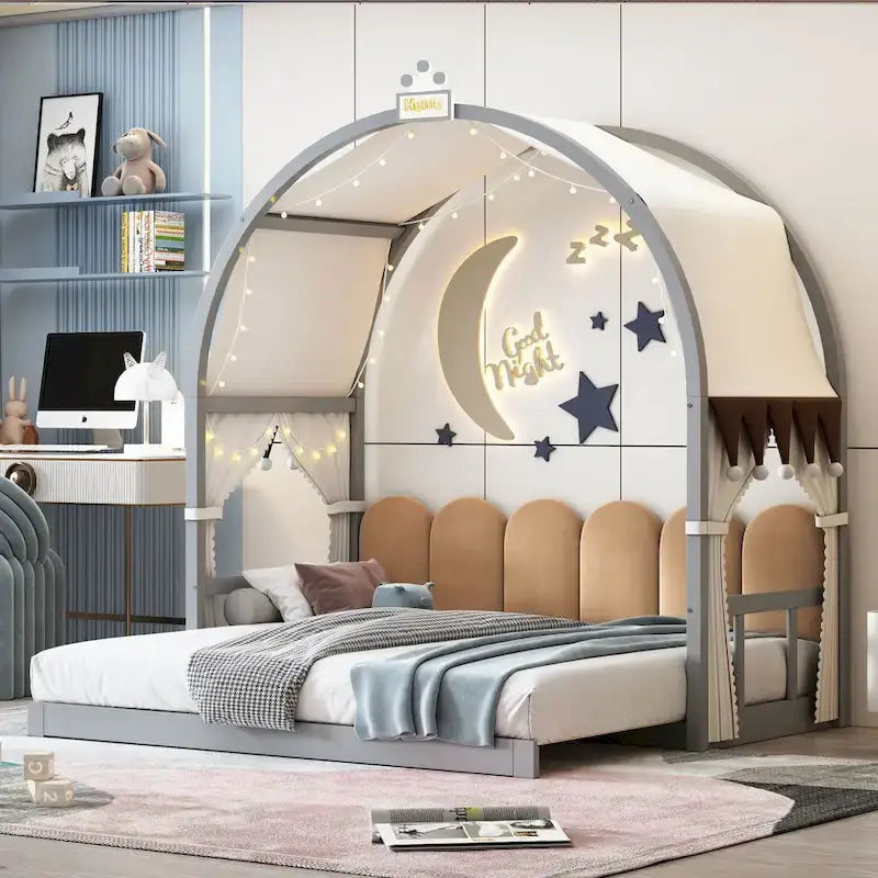Letto a piattaforma in legno massiccio a forma di casetta, letto Montessori a terra con tetto ad arco e letto estraibile per bambine e bambini