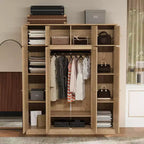 Armadio Guardaroba a 8 Ante di Grande Capacità, Alto 180 cm, con Asta Appendiabiti, Ripiani Regolabili e Ante Decorative in Rattan