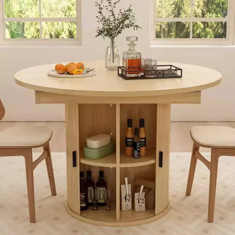 Dyonery 63 Tavolo da cucina e sala da pranzo rotondo allungabile con ripiano portaoggetti a 2 livelli, con base a piedistallo, mobili da pranzo in legno ovale, noce