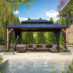 EROMMY Gazebo a tetto rigido, Pergola da esterno con doppio tetto, zanzariere e tende, Tenda da sole resistente per patio, cortile, feste in piscina