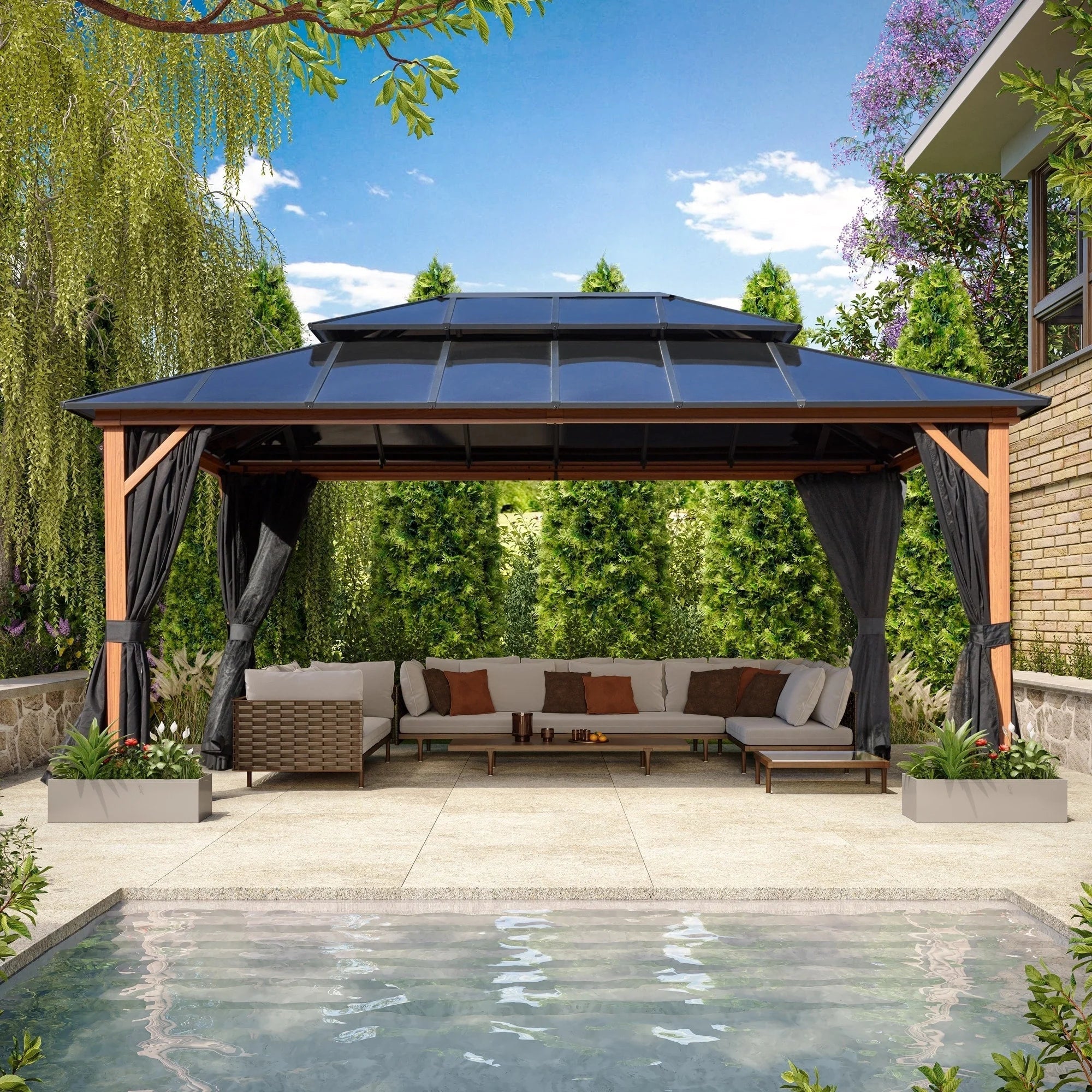 EROMMY Gazebo a tetto rigido, Pergola da esterno con doppio tetto, zanzariere e tende, Tenda da sole resistente per patio, cortile, feste in piscina