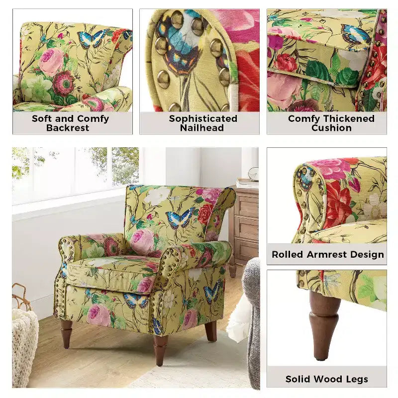 Poltrona Araceli Tradizionale in Legno Imbottita Floreale con Schienale Alto e Borchie | ART OF LIVING DESIGNS