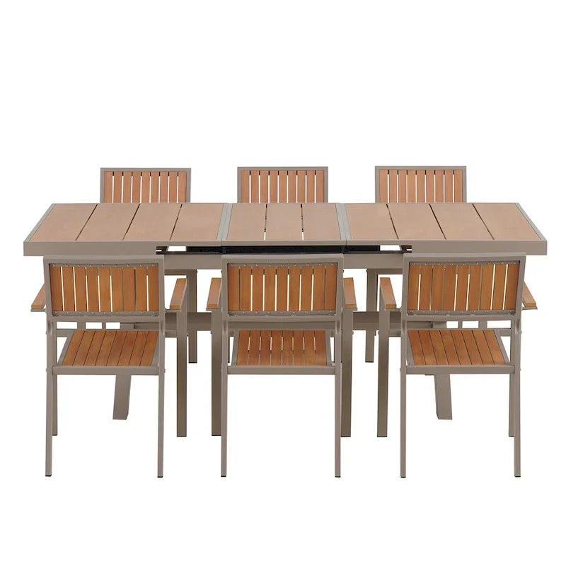 Set da pranzo da esterno allungabile a 7 pezzi con tavolo allungabile e 6 sedie con braccioli