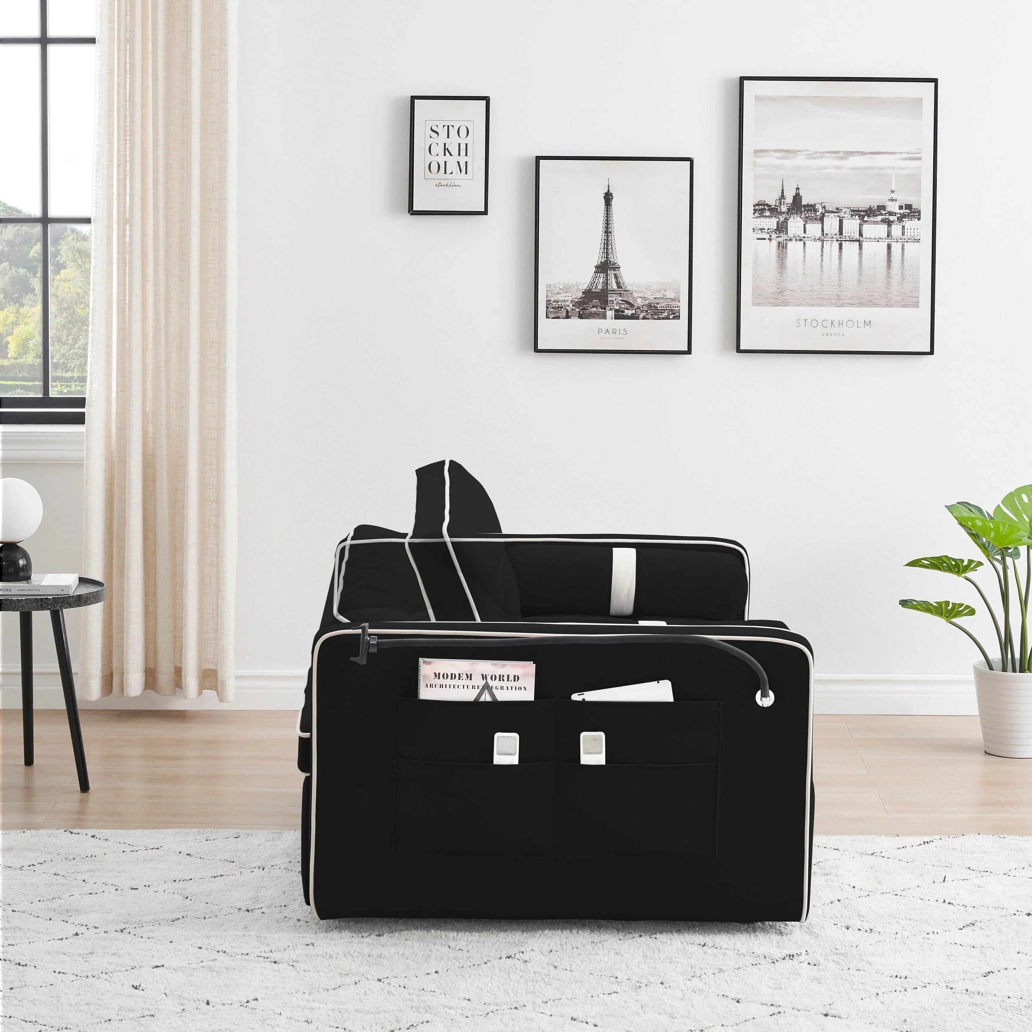 Divano letto trasformabile a 2 posti in velluto da 140 cm con letto estraibile, reclinabile, tasche laterali e supporto per telefono