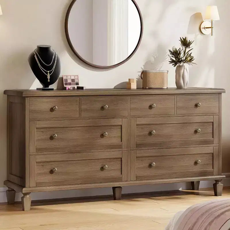 Comò a 8 cassetti per camera da letto, mobile TV vintage da 150 cm con maniglie intagliate e gambe affusolate, cassettiera in legno con grande capacità di archiviazione