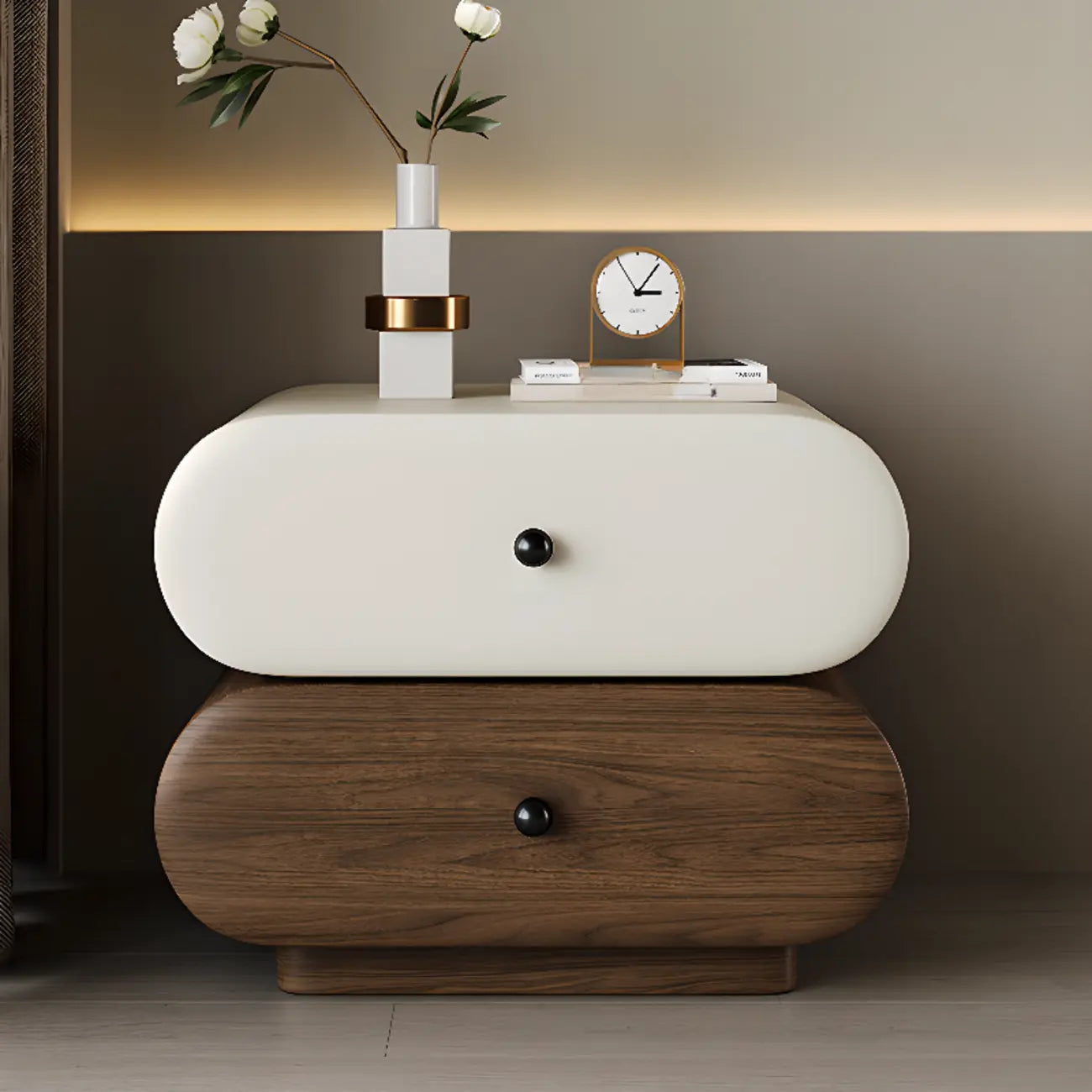 Comodino moderno bicolore con cassetti contenitori