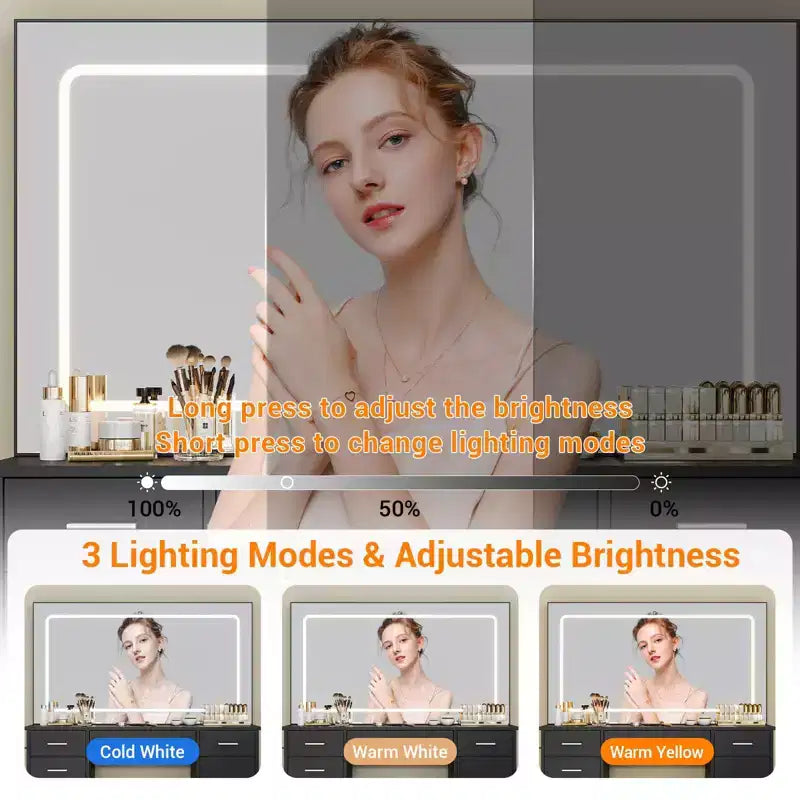 Toeletta Moderna con Grande Specchio, 7 Cassetti, Luci LED, Sedia, 3 Modalità di Illuminazione, Supporto per Asciugacapelli e Stazione di Ricarica per Camera da Letto