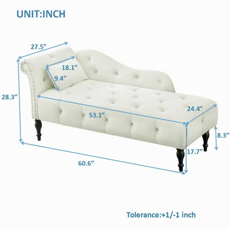 Moderna poltrona a sdraio imbottita in velluto da 60,6" con bottoni capitonné, gambe in legno massello e borchie