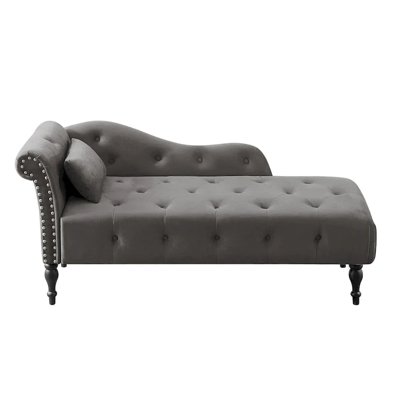 Moderna poltrona a sdraio imbottita in velluto da 60,6" con bottoni capitonné, gambe in legno massello e borchie