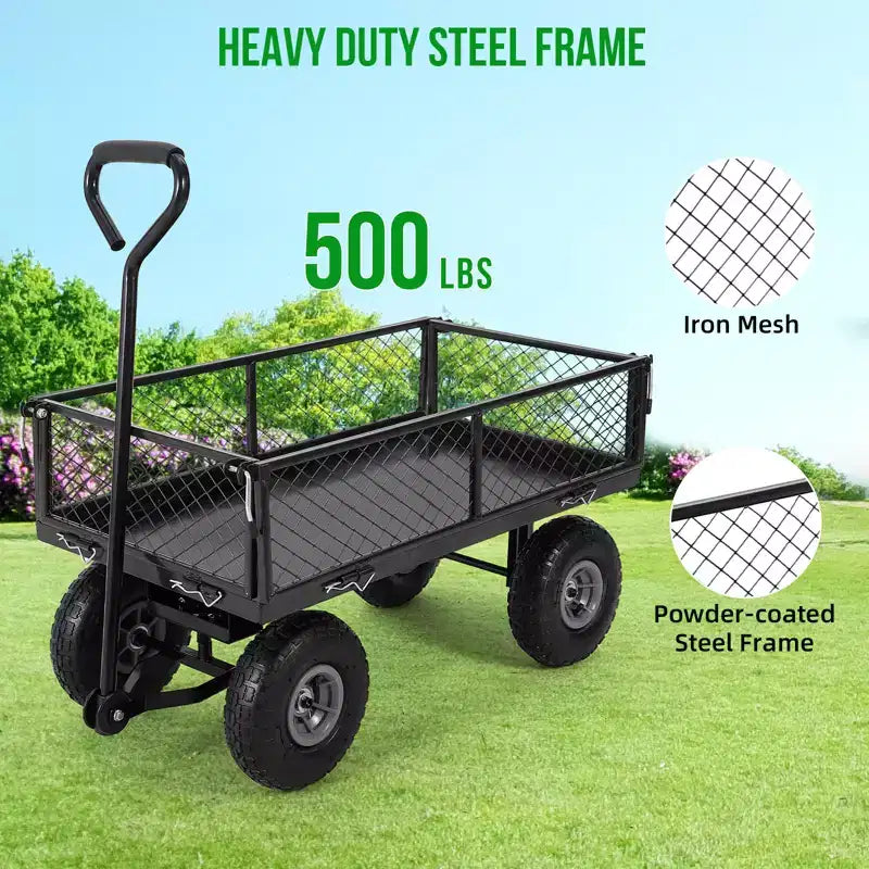 Carrello da Giardino in Acciaio Pesante, 227 kg, Carrello Pieghevole con Sponde in Rete Rimovibili e Rivestimento, Pneumatici da 10 Pollici, Maniglia di Trazione