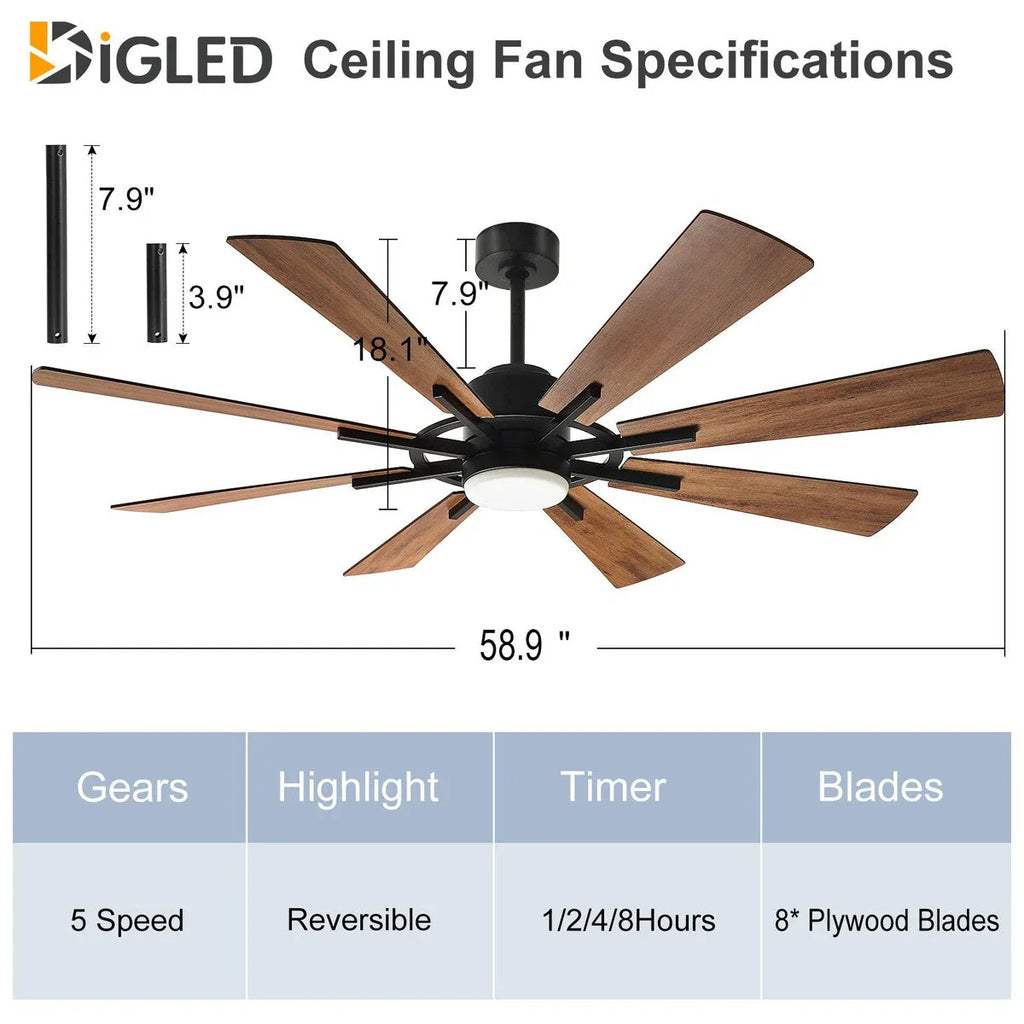 Ventilatore da soffitto con luci telecomandato e 8 grandi pale in legno