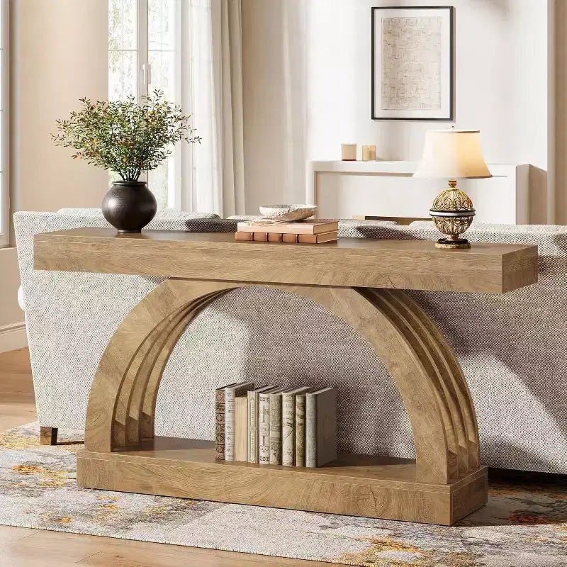 Consolle da ingresso Lantine da 63 pollici, tavolino a 2 ripiani dietro il divano, consolle ad arco stretta unica in stile rustico per corridoio, soggiorno, atrio, naturale