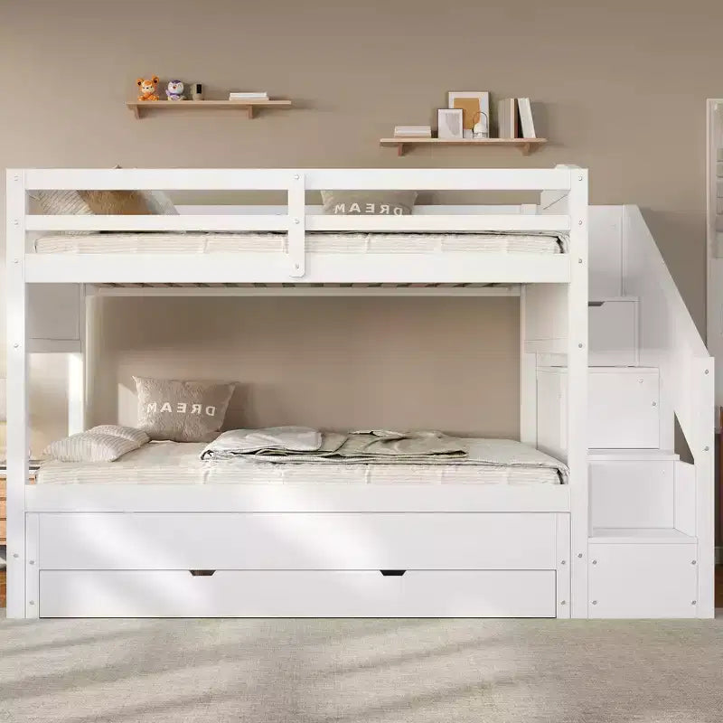 Whisen Letto a castello Twin XL con rotelle estraibili, letto a castello con contenitore, letto a castello in legno massello, scala con contenitore, armadio, 3 cassetti, per bambini