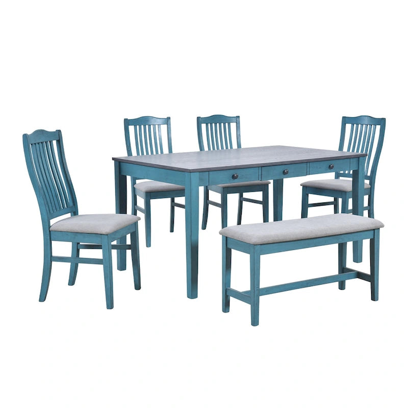 Set da pranzo di 6 pezzi in legno con 4 sedie e panca, tavolo con cassetto