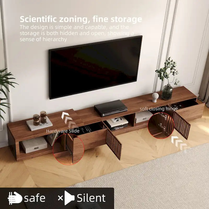Mobile TV moderno allungabile e retrattile con 4 cassetti, fino a 261 cm - 78,54P x 15,74L x 13,78A