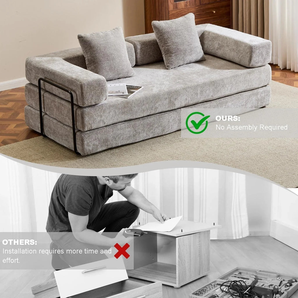 Divano letto convertibile da pavimento con schienale a cuscino in tessuto ciniglia per soggiorno camera da letto