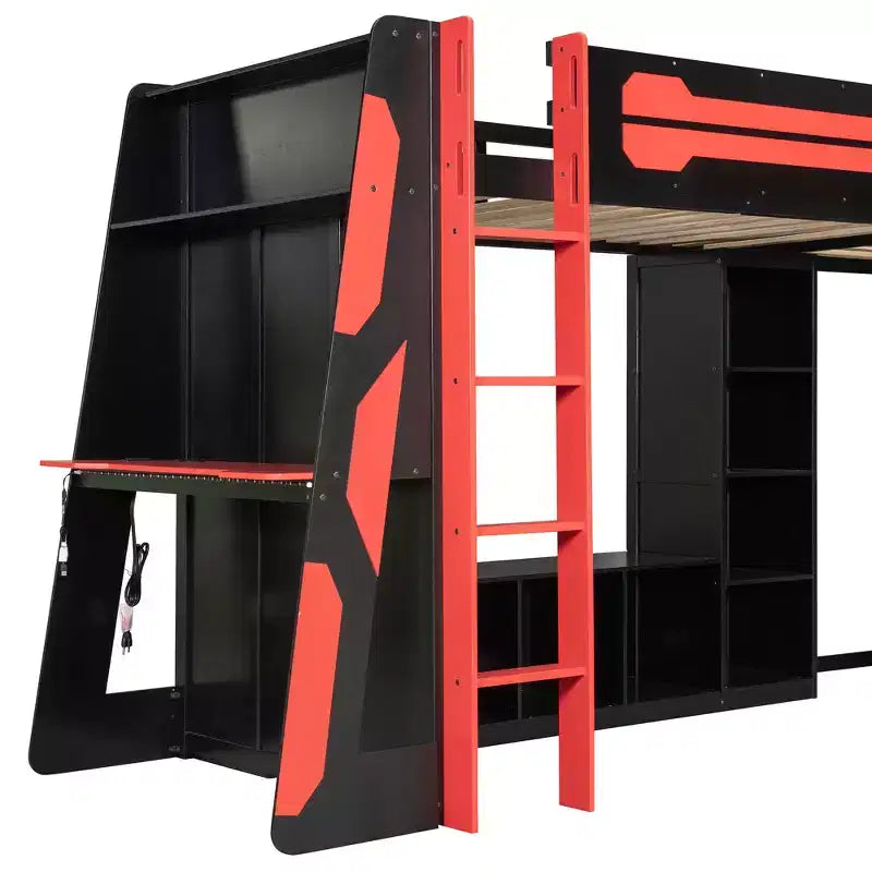 Letto a soppalco a L da gaming con scrivanie, letti a soppalco doppi con luci LED, porte USB, scaffali portaoggetti, letto a soppalco ad angolo in legno per 2