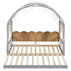 Letto a piattaforma in legno massiccio a forma di casetta, letto Montessori a terra con tetto ad arco e letto estraibile per bambine e bambini