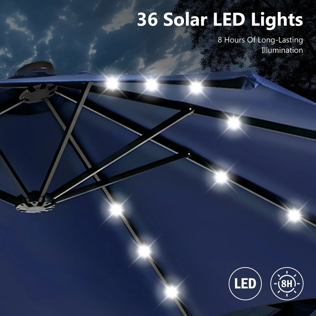 MAISON ARTS Ombrellone rettangolare da esterno a manovella con doppia falda da 4,5 metri, con luci a LED solari e base inclusa