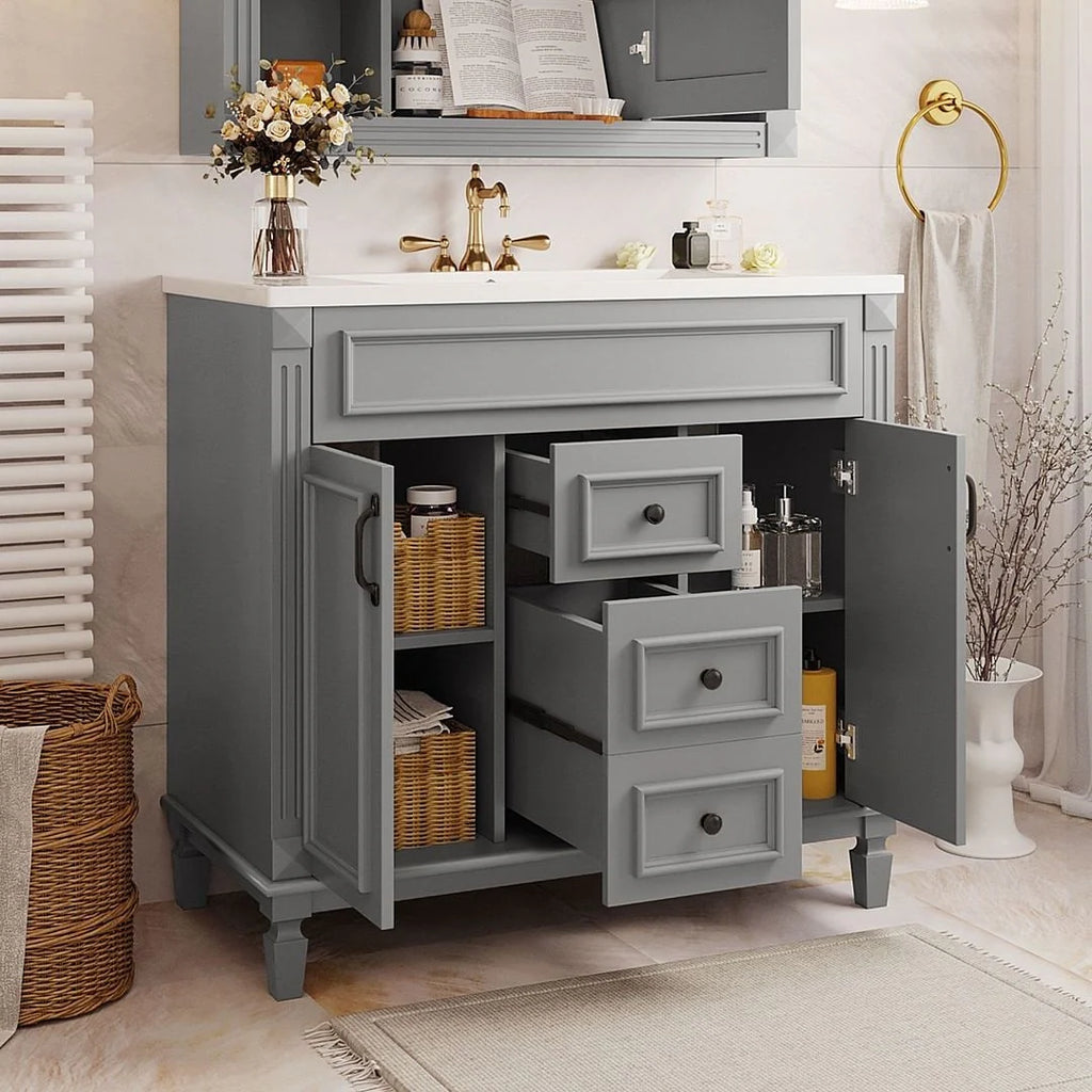 Mobile Bagno Moderno da 90cm con Lavabo Integrato e Specchiera, 2 Ante e 2 Cassetti