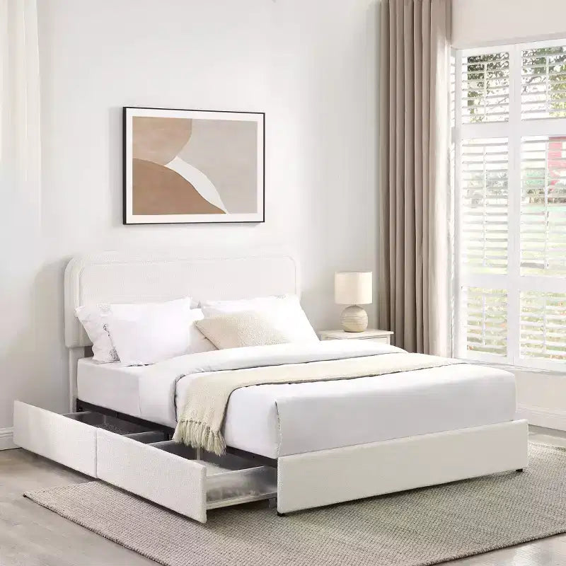 Letto Queen Size Moderno Rivestito in Bouclé con Cassetti Contenitore